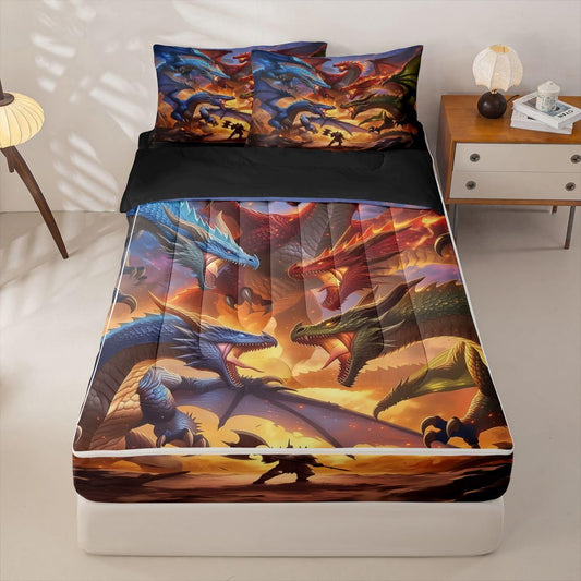 jejeloiu Dragon Zipper Bedding for Kids Twin Size Mysterious Animal Bed in a Bag with Sheets, Comforter, Pillowcases Ancient Wild Animal Comforter Set for Boys Girls Flying Dragon Beddingh Sets