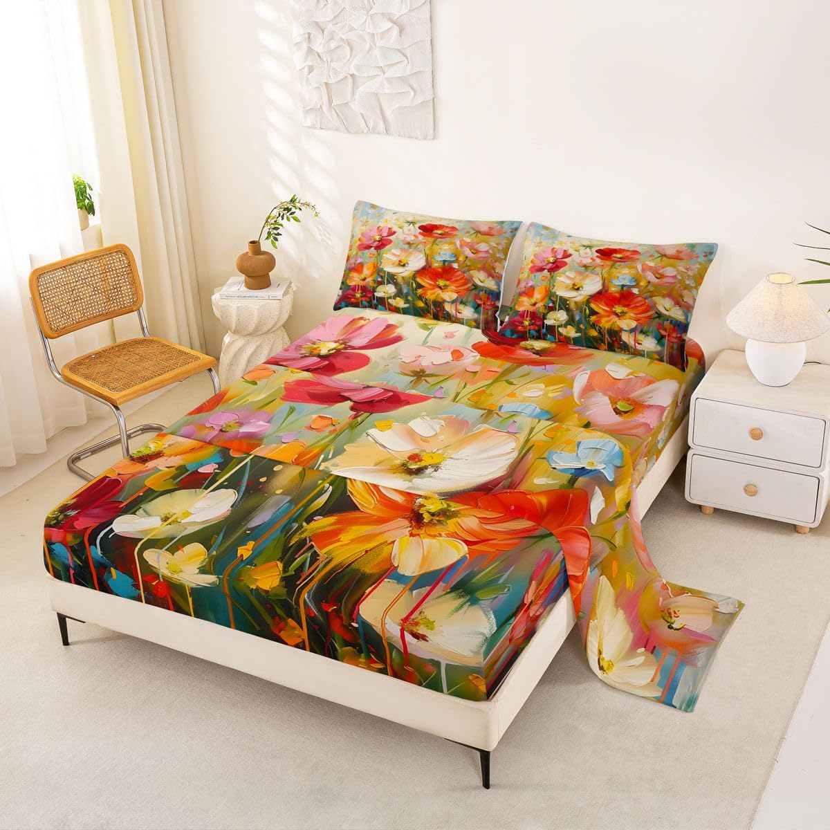Feelyou Flower Bed Sheets Sets Queen Size Kids Boys Girls Retro Hippie Flower Bedding Set 60S 70S Groovy Bed Sheet Set with 16-Inch Deep Pockets 4Pcs with 2 Pillow Cases