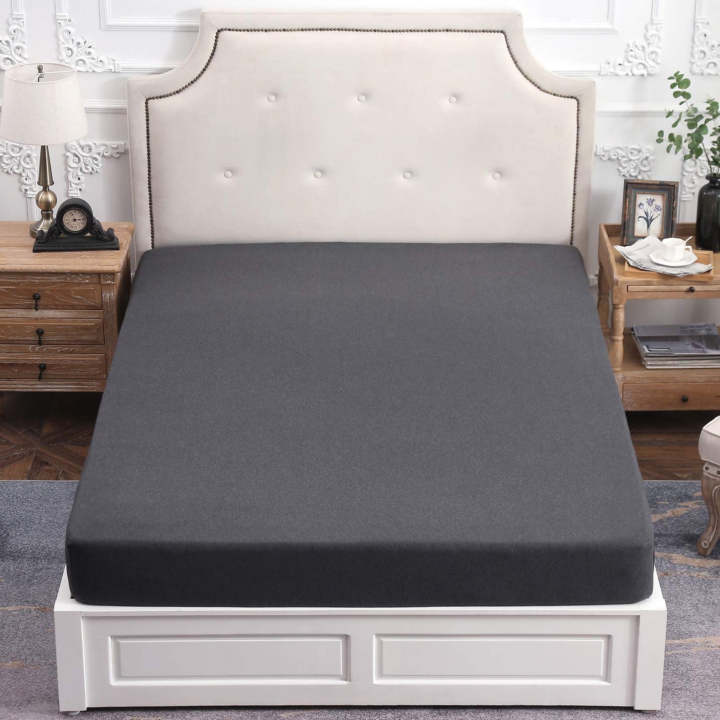 PURE ERA Jersey Knit Cotton Fitted Bottom Sheet ONLY (No Flat Sheet or Shams) Deep Pocket Up to 15" to 20" Ultra Soft Comfy Breathable Charcoal Grey Queen