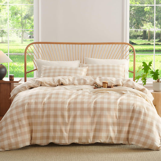 Jolusere Gingham Duvet Cover Queen 3 Pieces 100% Cotton Duvet Cover Beige Plaid Bedding Set Orange Tan Farmhouse Checkered Grid Comforter Cover with 2 Pillowcases