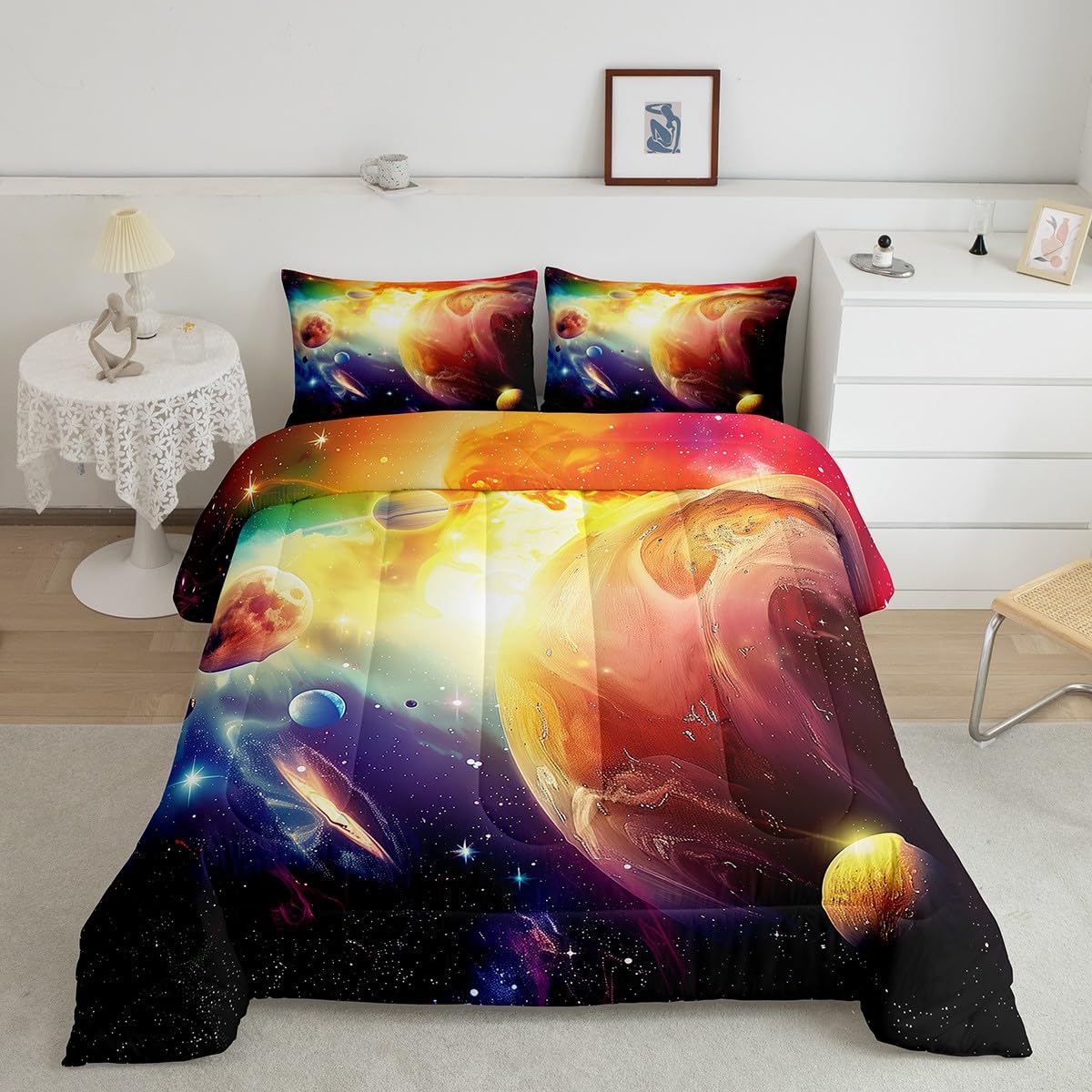 Erosebridal Outer Space Comforter Set for Kids Boys Girls 7 Piece Twin Purple Galaxy Quilt with Flat Fitted Sheet 3D Universe Planet Bed in A Bag Solar System Theme Bedding Sets