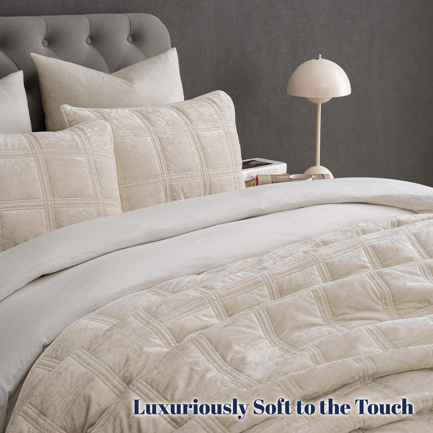 PHF Ultra Soft Velvet Quilt Set Queen Size – 3PCS Luxurious Cozy Quilted Comforter Alternative with Diamond Pattern, Warm Quilted Bedspread Coverlet, 90" x 92", Sand