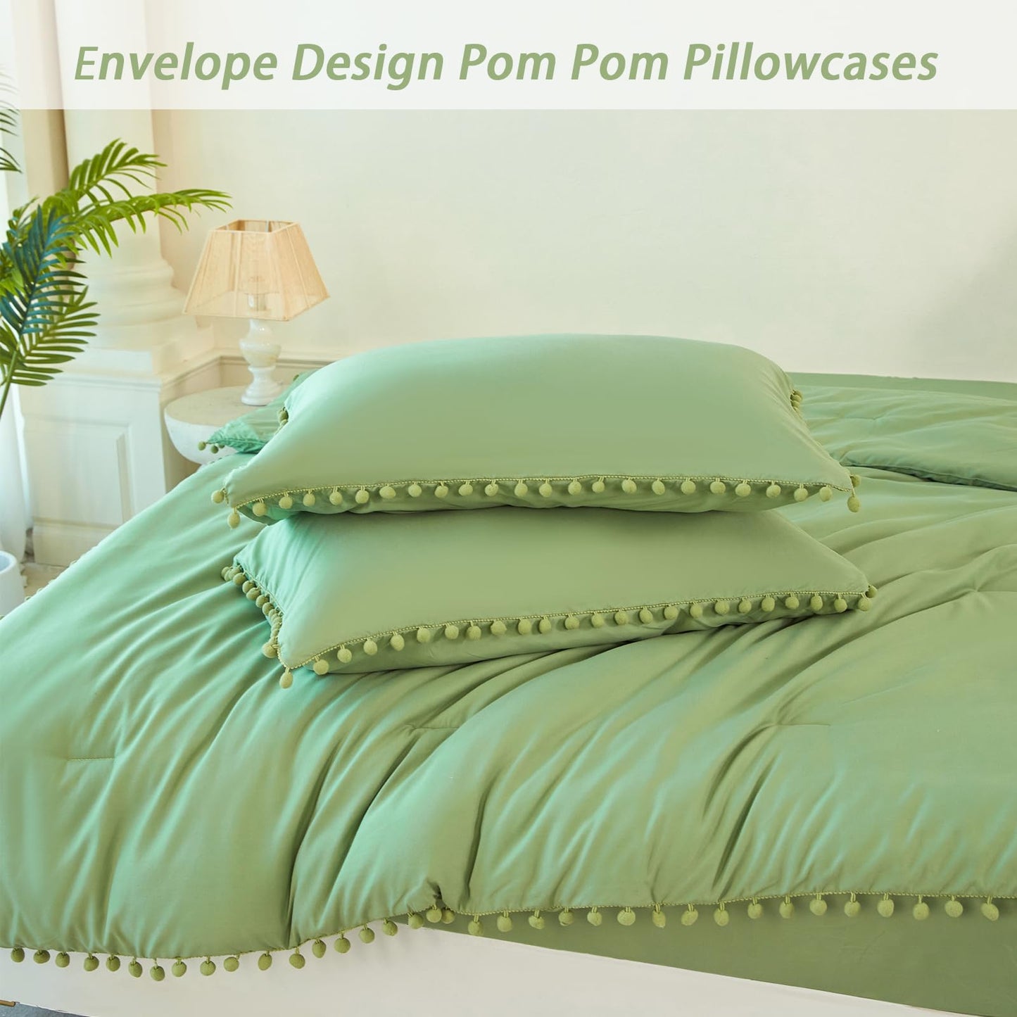 PERFEMET Green Bed in A Bag Twin Size 5 Pieces All Season Pom Pom Fringe Bedding Set for Girls Kids Soft Lightweight Boho Solid Comforter Set for Bedroom(Green, Twin)