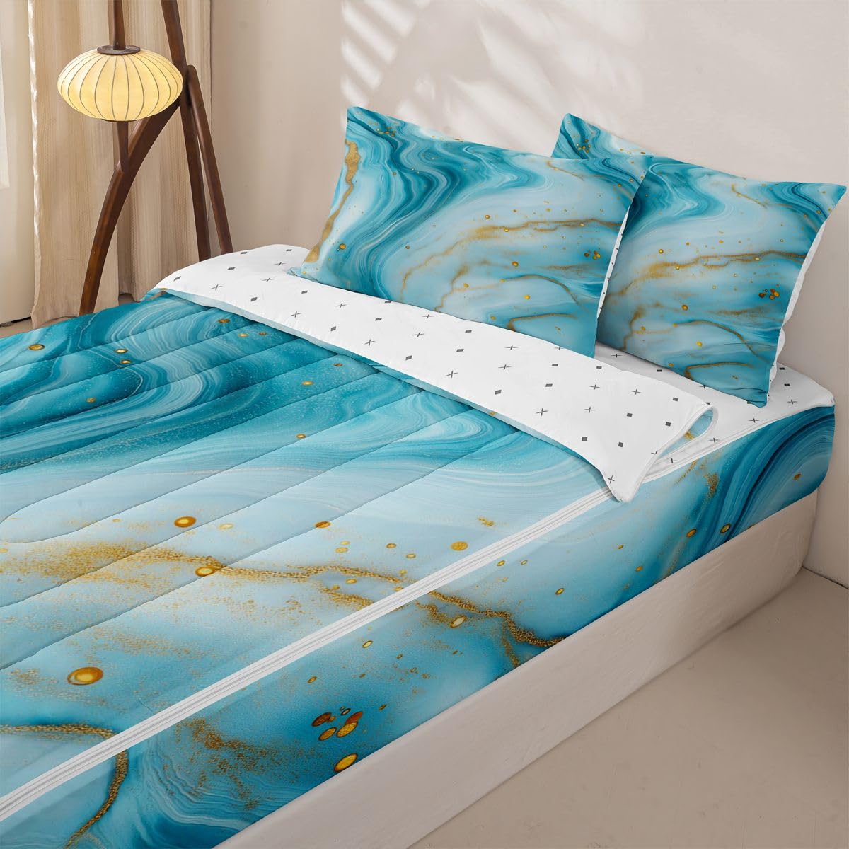 jejeloiu Marble Print Zipper Bedding Twin Abstract Zipper Bedding Sets for Kids Boys Girls Aqua Blue Comforter Set with Fitted Sheet and 2 Pillowcases Marble Swirl Pattern Bedroom Decor