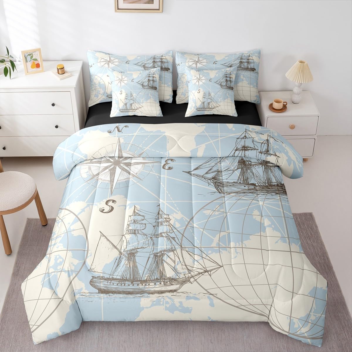 Erosebridal Nautical Full Comforter Set 7 Pieces, World Map Bed in A Bag for Bedroom, Sailing Boat Yacht Bedding Set with Comforters, Sheets, Pillowcases Retro Compass Room Decor