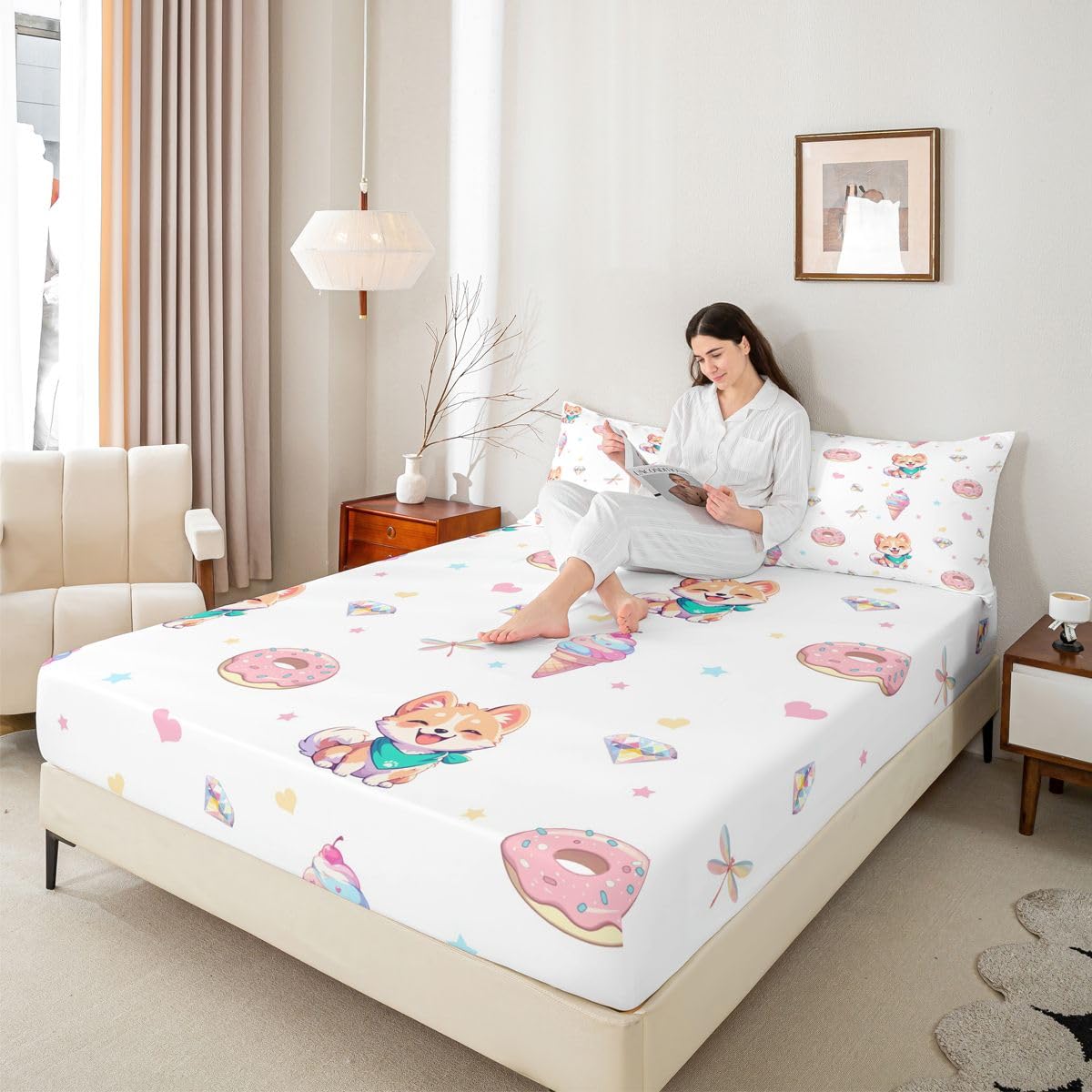 Castle Fairy Cartoon Dog Fitted Sheet Queen Size (No Flat),Sweety Ice Cream Bedding Sets 3Pcs,Girls Boys Adult Room Decor,Dragonfly Diamond Bed Cover Love Heart Deep Pocket Sheet,2 Pillowcases