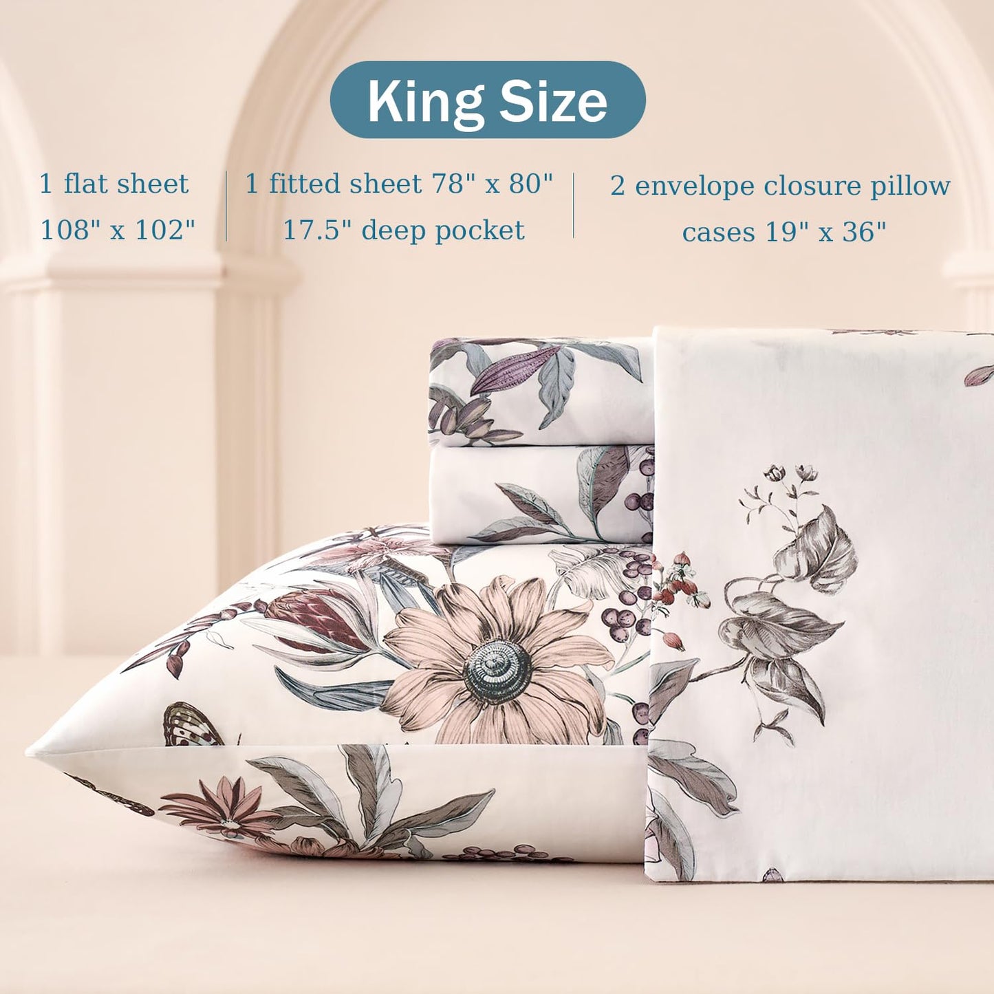 Huborise King Size Sheet Set Dusty Rose Floral Bed Sheets 100% Cotton 4Pcs, Light Pink Flower & Butterfly Printed Bed Set with Deep Pocket 17.5", Soft Breathable & Crisp, Luxury French Country Style