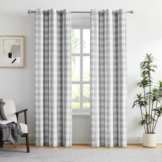 Amzdecor Buffalo Check Plaid Full Blackout Window Curtains 84 Inches Long for Bedroom Noise Reducing Total Room Darkening Grommet Drapes,Vintage Farmhouse Window Treatment,2 Panels,40"x84",Gray White