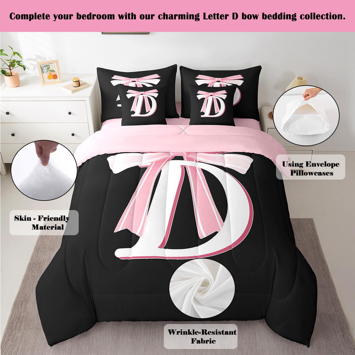 jejeloiu Kids Girls Black Pink Bow Comforter Set with Sheets Twin Size Monogrammed 7 Piece Bedding Set Personalized Initial D Bed in a Bag with Comforter, Sheets,Pillowcases Modern Fashion Bed Set