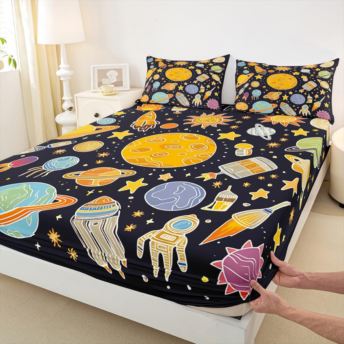 Outer Space Bed Sheet Set Twin, Solar System Fitted Sheet for Kids Planet Solar System Bedding Set Boys Girls Educational Bed Cover Bed Set 2Pcs (No Flat Sheet)