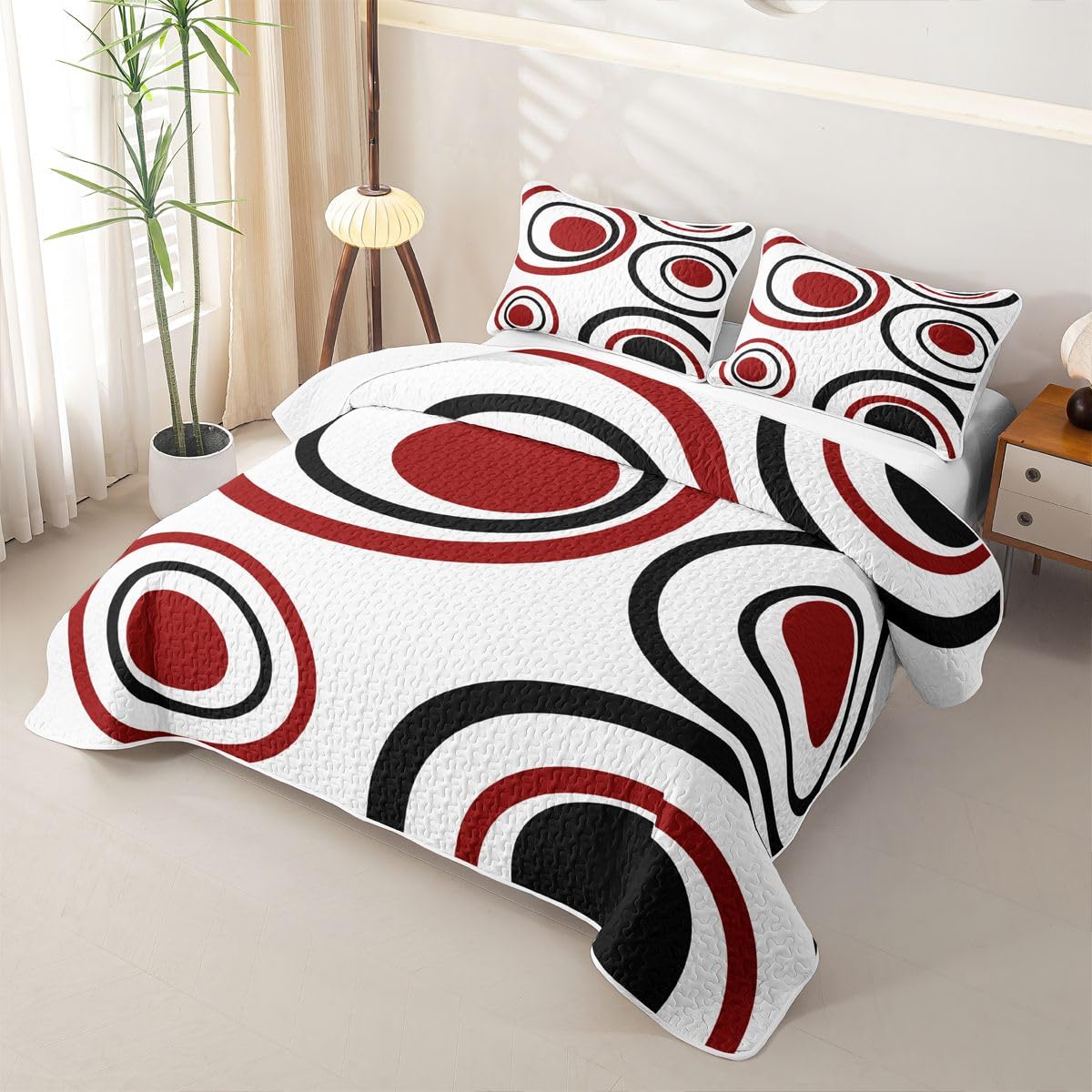 Erosebridal Red Black Circles Quilt Set Striped Abstract Quilt Twin Size Modern Geometric Coverlet Minimalism Lines Boho Simple Art Quilted Bedspread with 1 Pillowcase