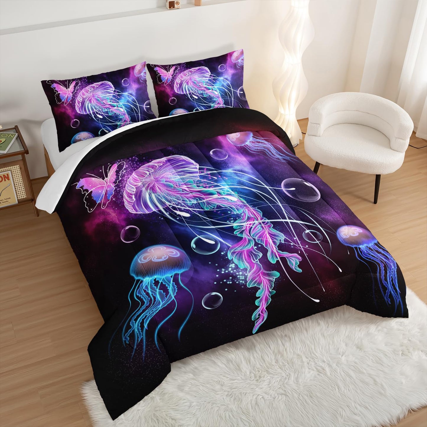 HOSIMA Jellyfish Printed Comforter Ocean Theme Bedding Set 3 Piece, Starry Sky Galaxy Bedding Room Decor Butterfly Comforter for Kids Teens Adult