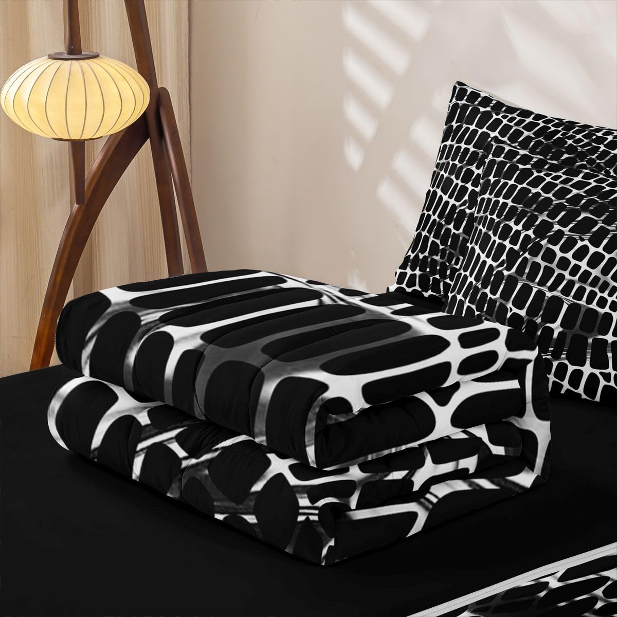 Erosebridal Mysterious Geometric Zipper Bedding Black White Grid Zippable Comforter Set 3D Print Bed in a Bag Full Size Modern Animal Texture Bed Set Room Decor
