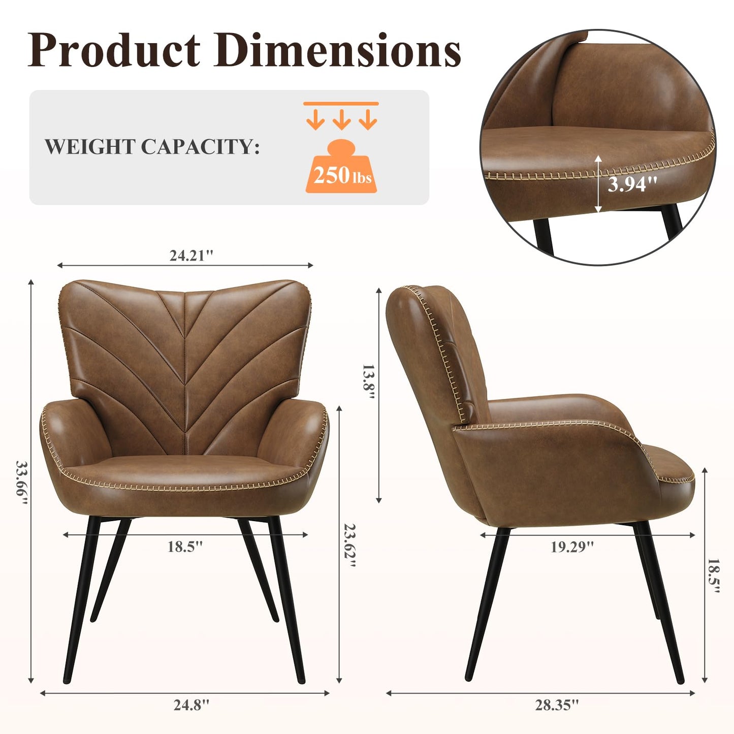 MALOL Modern Mid-Century Faux Leather Accent Chair, Upholstered Armchair with Curved Backrest, Sturdy Metal Base, Living Room, Bedroom & Reading Nook,Brown