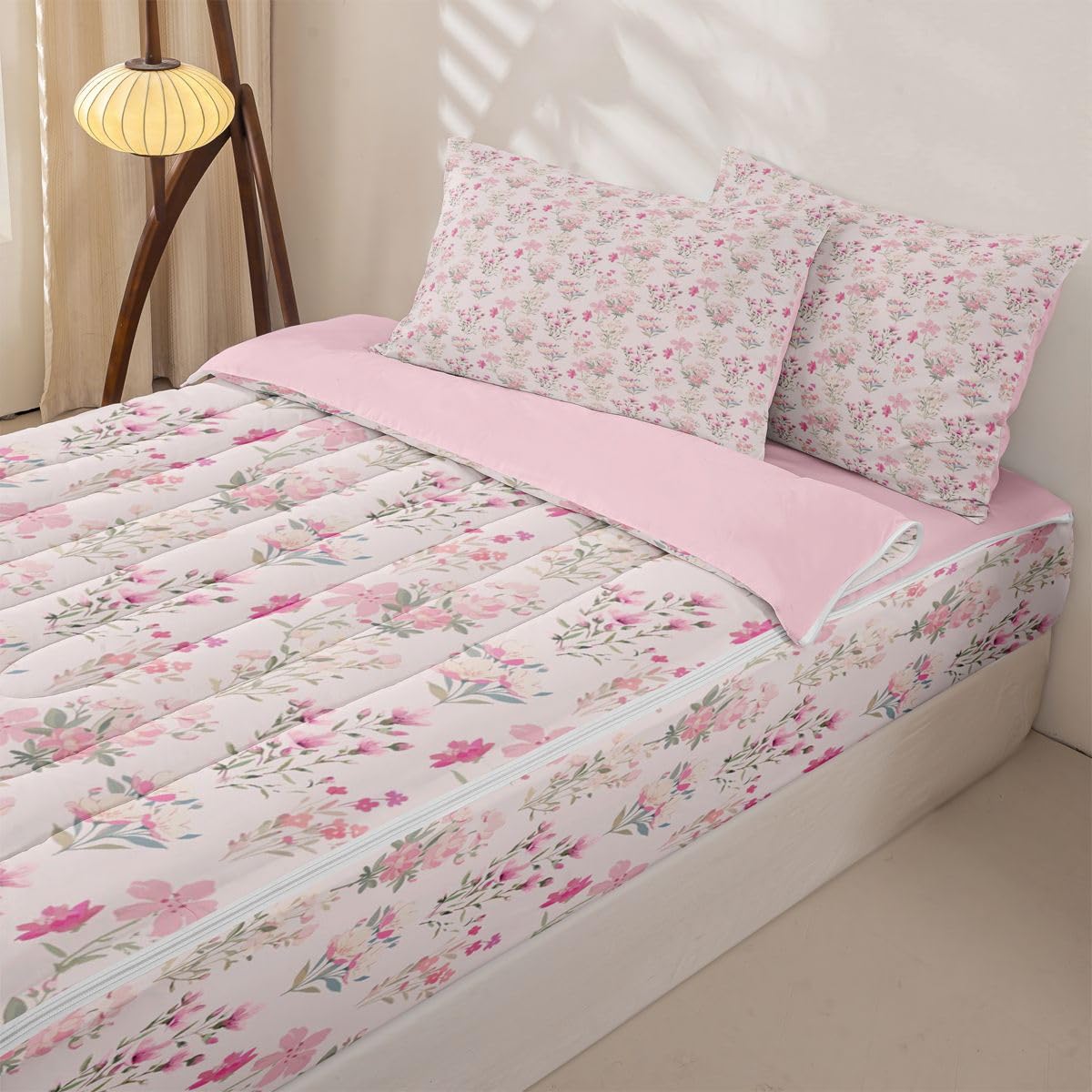 Feelyou Flower Comforter Set Full Size Zipper Bedding Set for Girls Boys Floral Spring Comforter with Fitted Sheet, Pillowcases Pink Green Block Print Zipper Bedding Breathable Boho Bed in a Bag