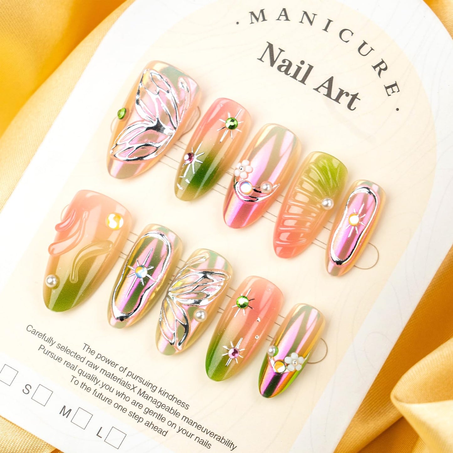 30Pcs Gradient Pink Glitter Green Smudge Press on Nails Medium Almond Fake Nails with 3D Rhinestone Design Butterfly Flower False Nails Full Cover Star Chrome Silver Acrylic Stick on Nails for Women