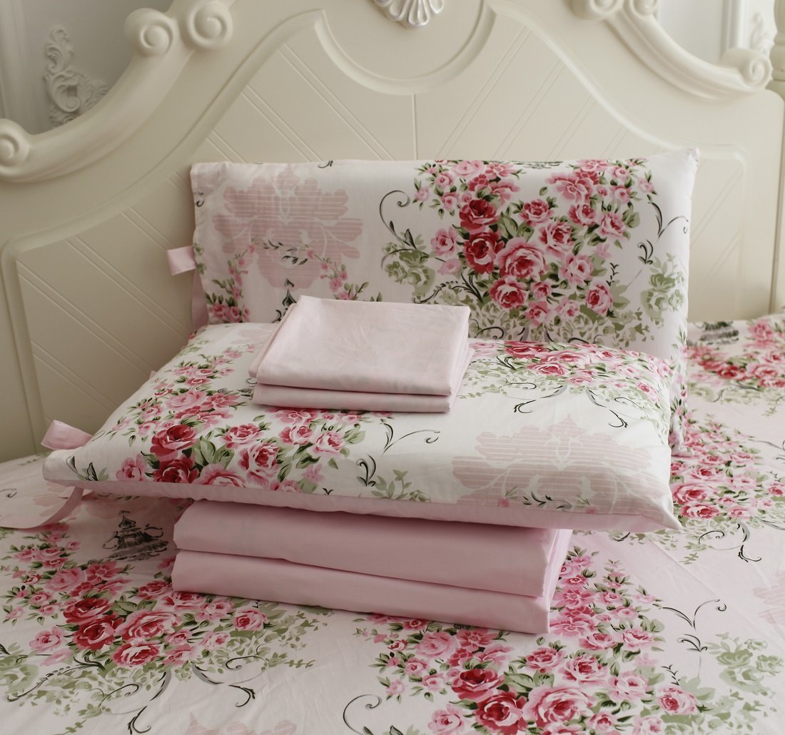 FADFAY Rose Floral 4 Piece Bed Sheet Set 100% Cotton Deep Pocket-King