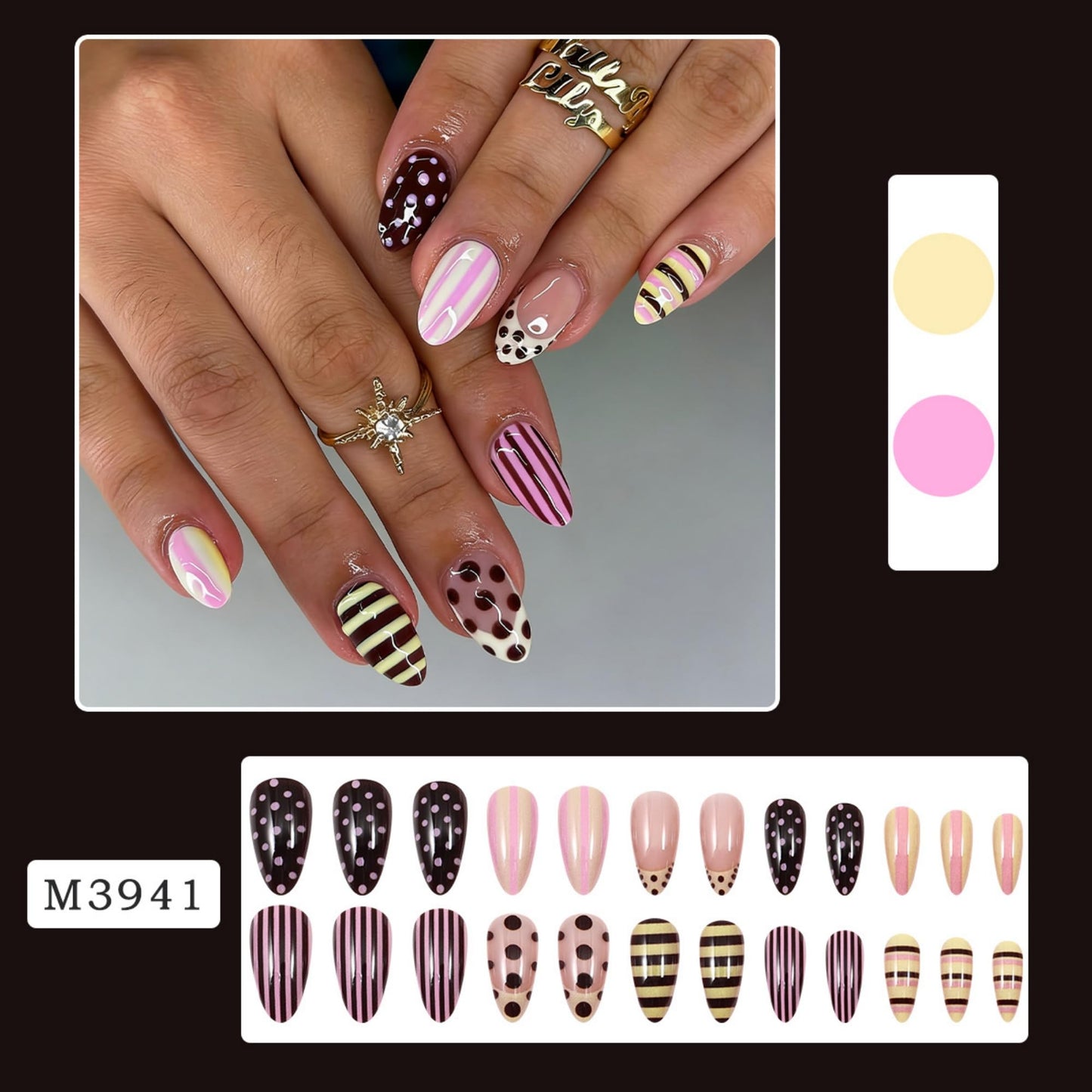 octoswave Long Almond Press on Nails Pink Striped and Brown Polka Dot Glossy False Nails for Women Girls Party Travel Fashion Fake Nails Art 24Pcs