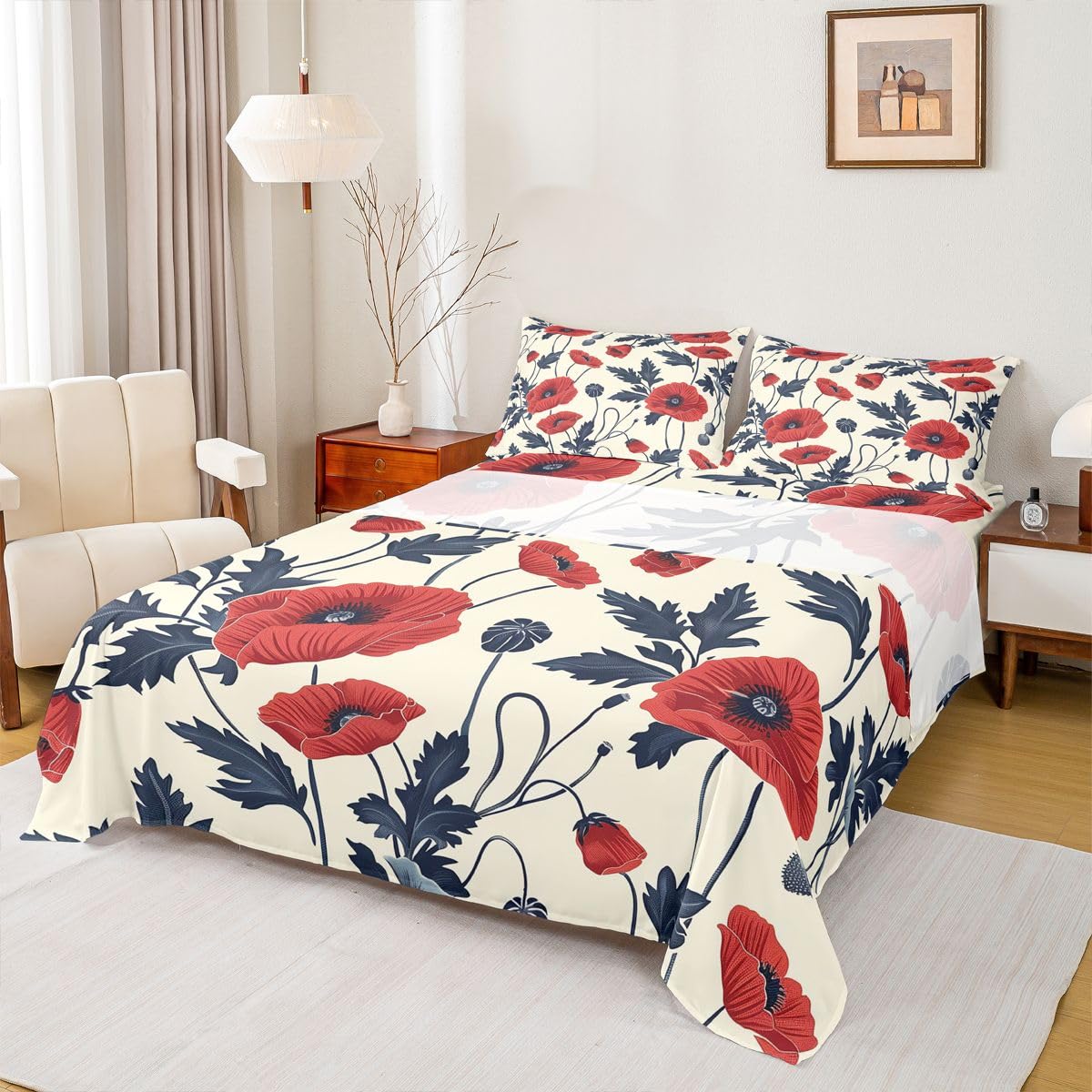 Feelyou Flower Bed Sheets Sets Queen Size Kids Boys Girls Red Floral Bedding Set Botanical Bed Sheet Set with 16-Inch Deep Pockets Spring Garden 4Pcs with 2 Pillow Cases Floral Flower Blossom Printed