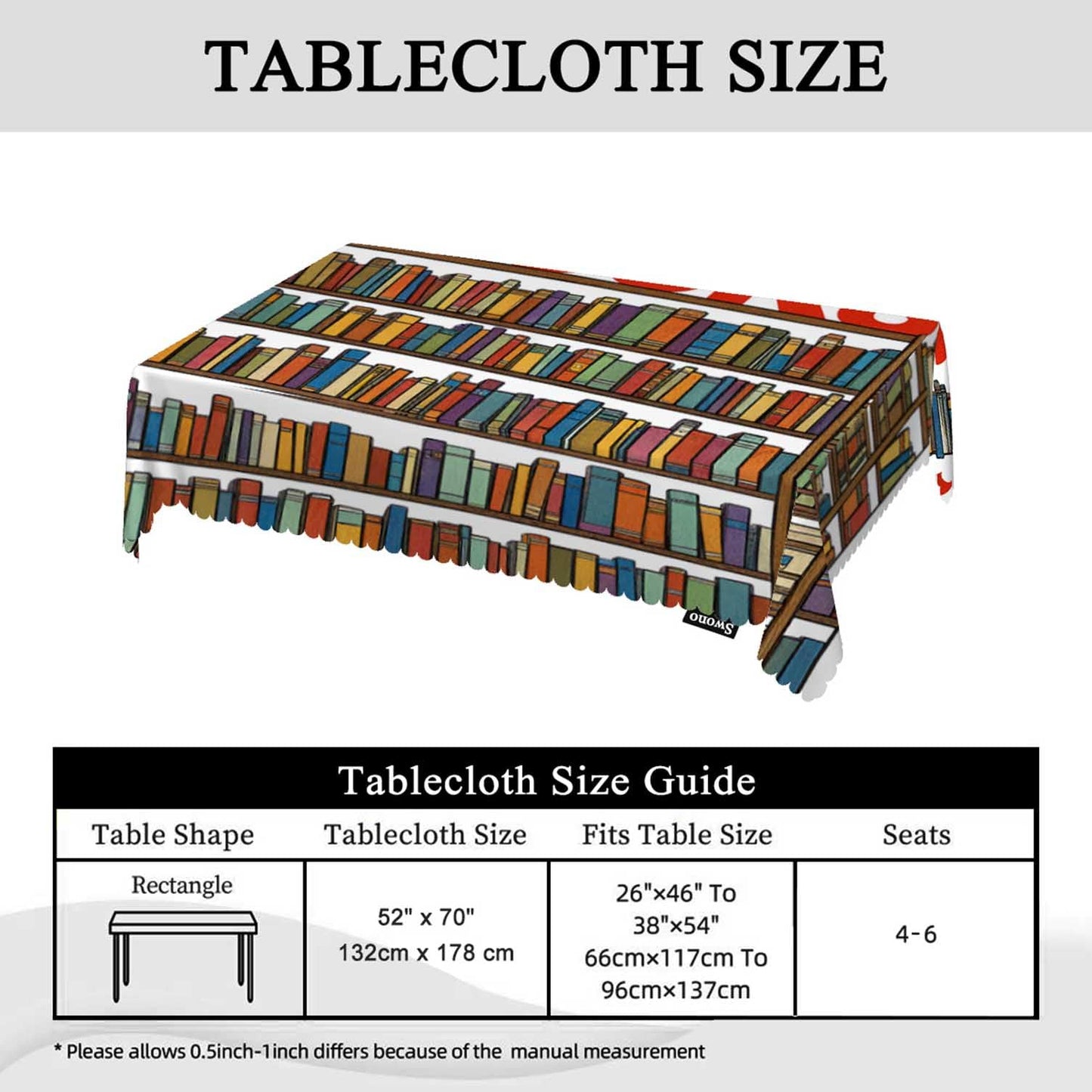 Swono 52x70 Inch Bookshelf Tablecloth Library Bookshelves Books and Ladder Farmhouse Dining Table Cloth Anti-Stain Talking Table Cover for Kitchen Dinning Room Coffee Store