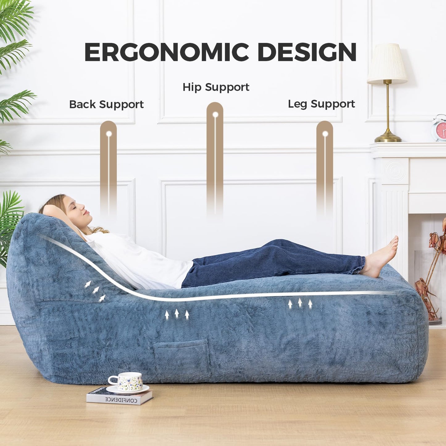 Giant Bean Bag Chair for Adults (59"x34"), Big Faux Fur Plush Bean Bag Lounger, Large Memory Foam Lounger Chair with Pockets for Living Room, Bedroom & Dorm (Bluegrey)