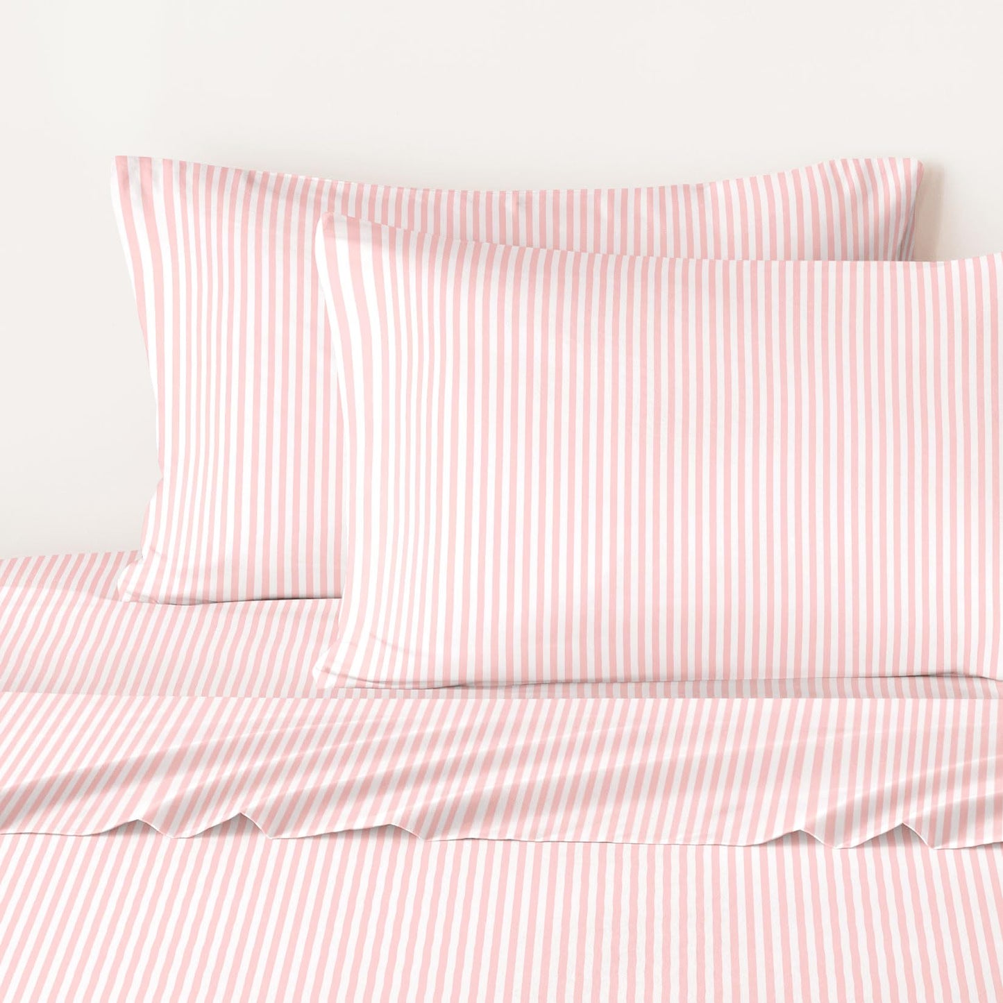 Wake In Cloud - Striped Bed Sheets, 4-Piece Sheet Set, Ticking Vertical Pin Stripe Modern Farmhouse Pattern Printed Bedding, Deep Pocket, Pink White, Queen Size