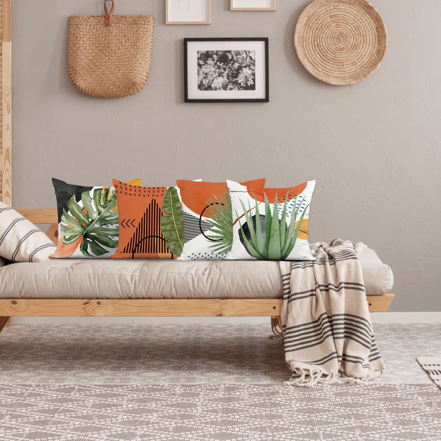 Jartinle Mid Century Modern Tropical Leaves Throw Pillow Covers 18x18 Boho Abstract Art Botanical Plant Nature Pillow Covers Set of 4 Geometric Minimalist for Couch Outdoor Decor …
