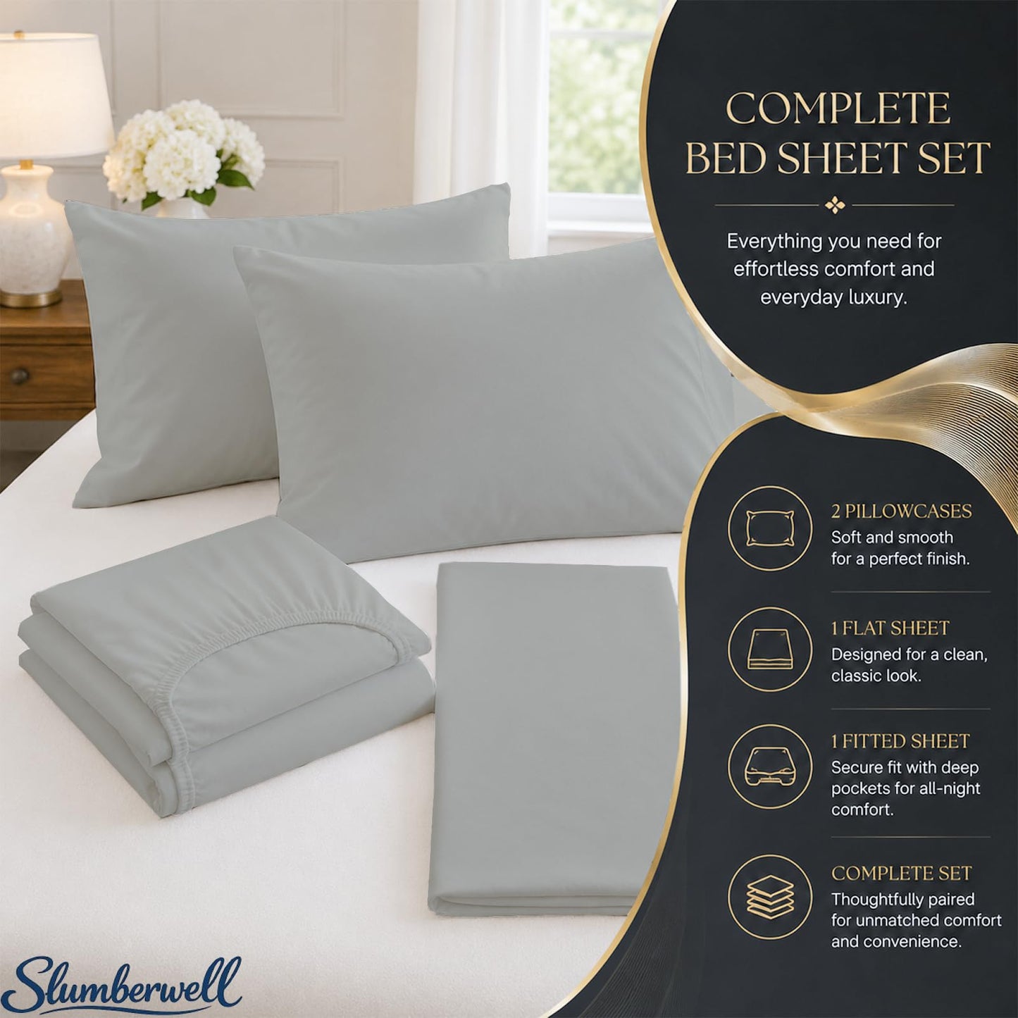 SlumberWell King Sheet Set, 4 Piece Microfiber Sheets, Extra Deep Pocket (18–24 Inch), Fits Thick Mattress, Soft Breathable & Wrinkle-Resistant, Light Grey