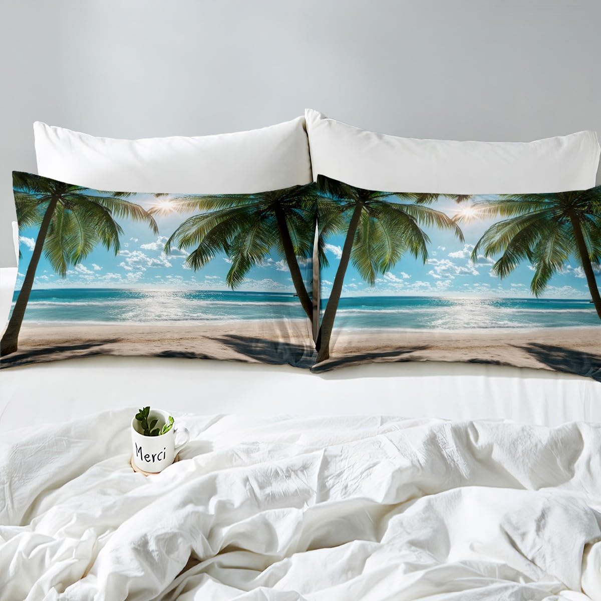 jejeloiu Beach Theme Fitted Sheet Full Size Kids Summer Sea Ocean Palm Leaf Bed Sheets Set for Boys Girls Teens Wave Coastal Natural Scenery Bedding Set Room Decor