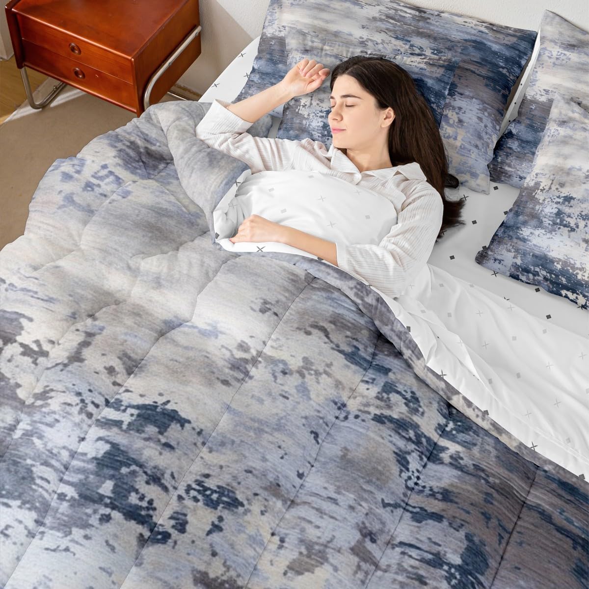 Erosebridal Watercolor Comforter Set 7 Pcs,Modern Abstract Bedding Set for Girls Boys Kids Teens,Navy Blue Tie Dye Ombre Bed in A Bag,Contemporary Grunge Aesthetic Sheet Set (Navy Blue Grey,King)
