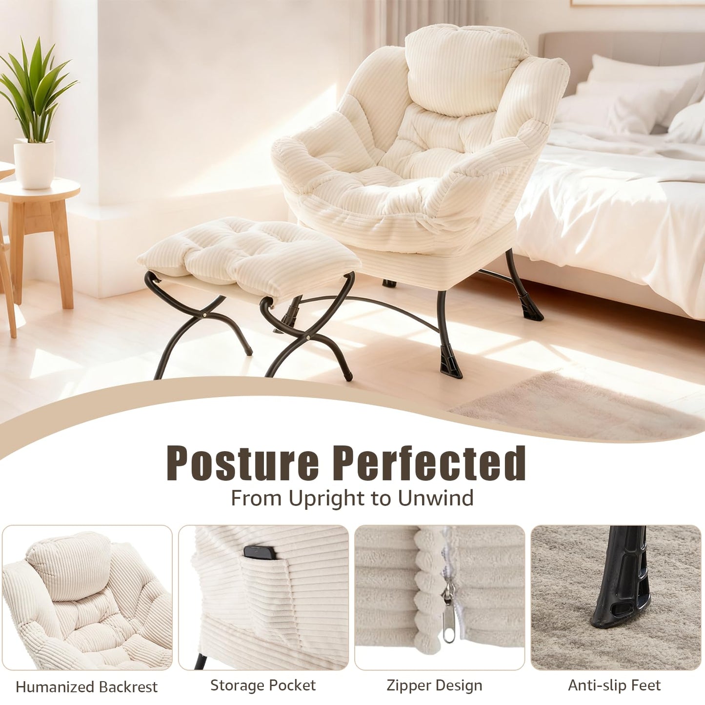 Oversized Lazy Chair with Ottoman for Adults, Chair and Ottoman Set Modern Skinny Lounge Chair with Footrest, Wide Reading Chair for Living Room, Comfy Accent Armchair for Small Spaces, White