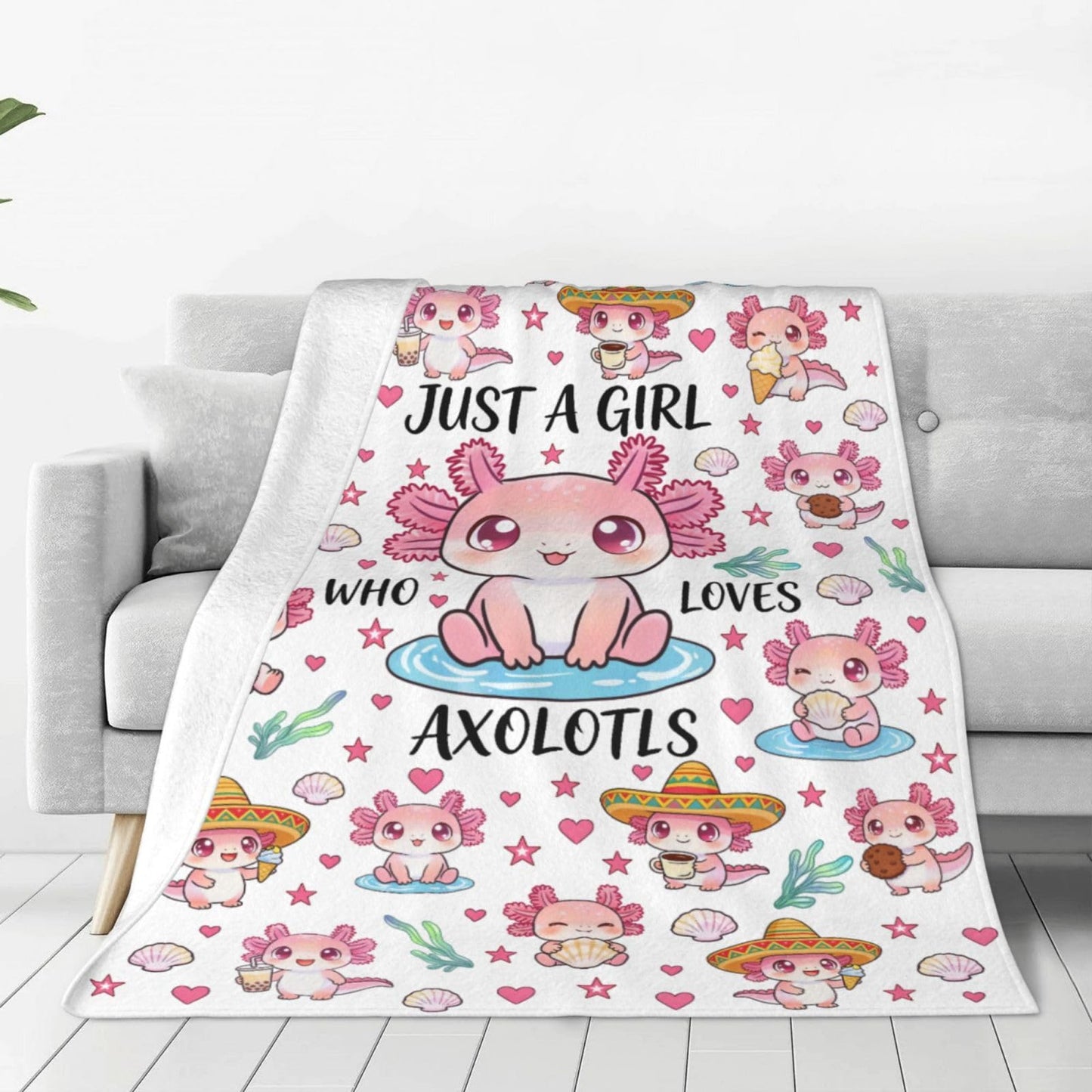 Just A Girl Who Loves Axolotls Throw Blanket 50"x40" Cozy Fluffy Plush Blanket Soft Flannel Throw Blanket for Kids Men Women Gift Sofa Bed Couch