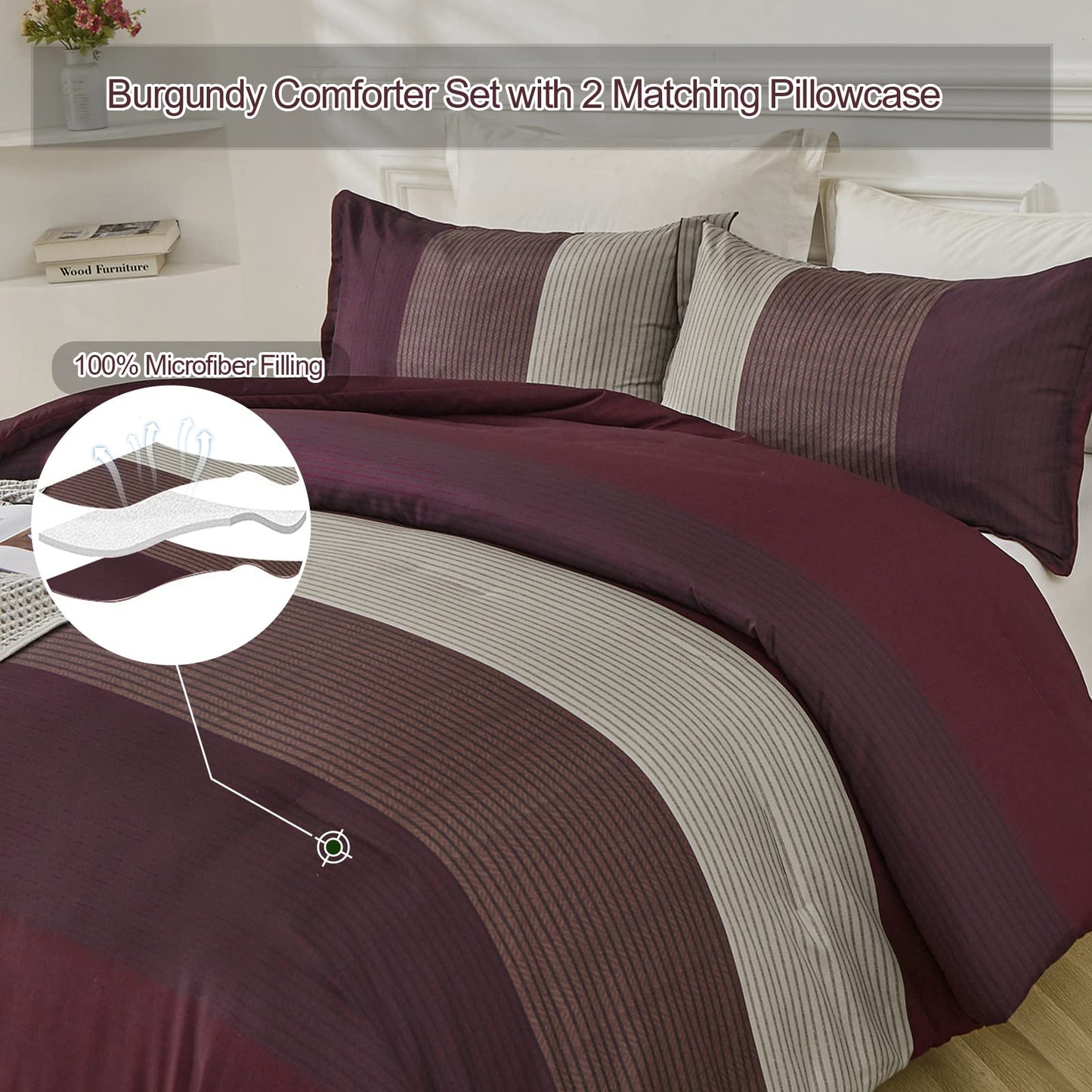 WONGS BEDDING Burgundy Comforter Set Queen, Reversible Burgundy Stripe Down Alternative Comforter for All Season,3 Pieces(1 Comforter+2 Pillowcases), Soft Microfiber Bedding Duvet Set 90”×90”