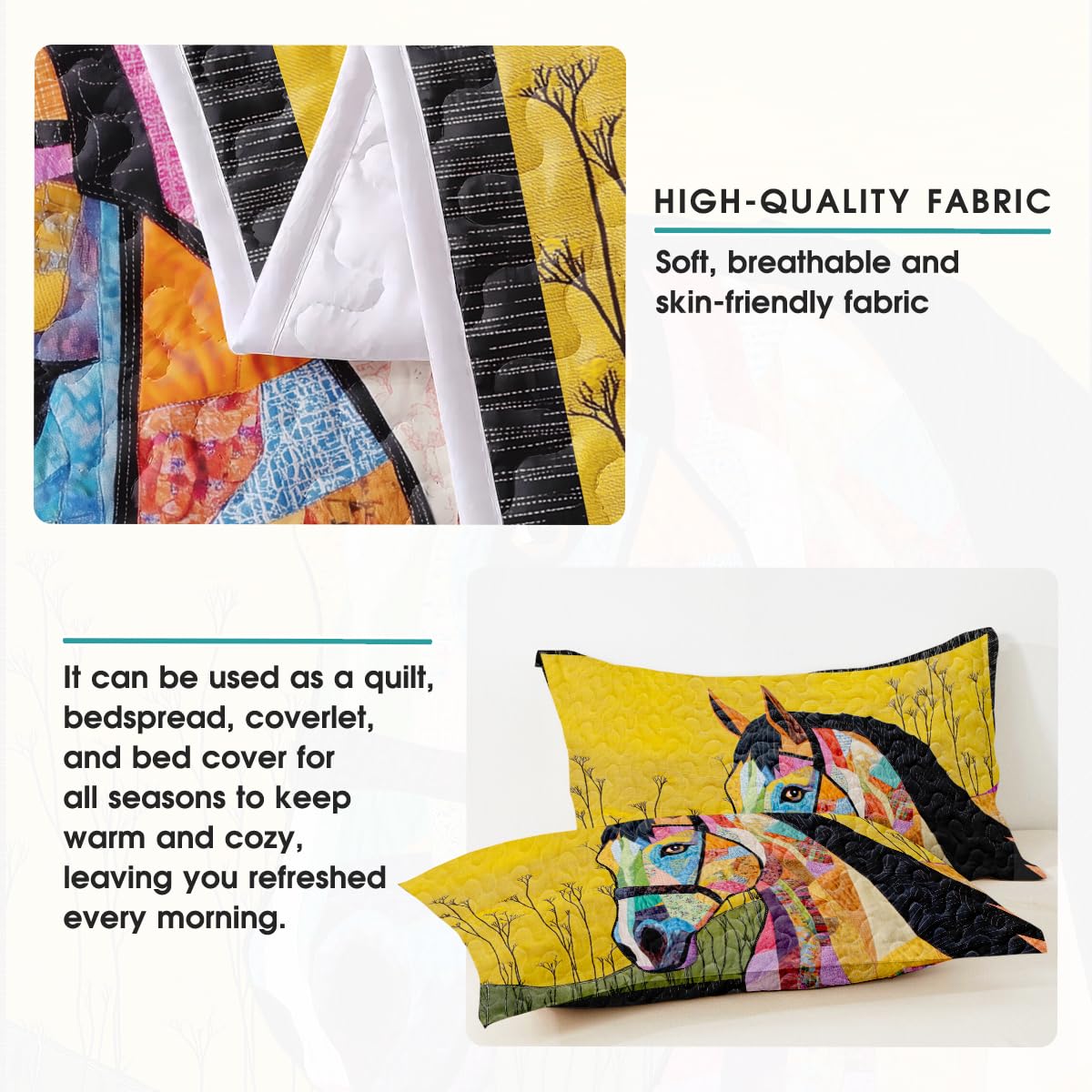 Jeminise Horse Patchwork Pattern Quilt, Animal Farmhouse Quilt Set Patchwork Style, Premium Pattern Printed Quilts, Bedding Present for Mother Christmas