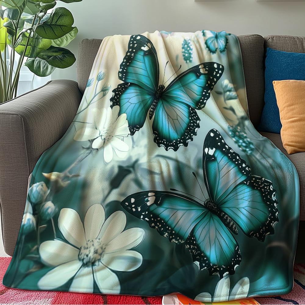 HUNXIAOJ Butterfly Throw Blanket for Women Butterfly Floral Blanket Romantic Gifts Warm Soft Flannel for Girls Boys Women Teens Adults Bed Sofa Couch (50 in x 60 in)