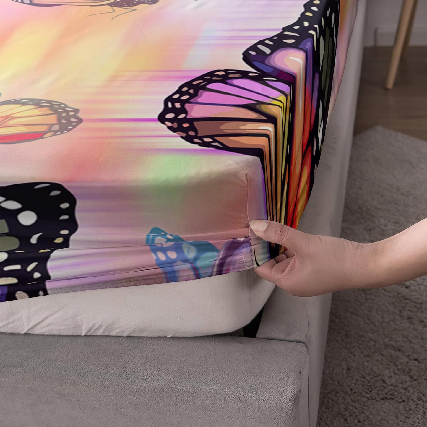 AILONEN 3D Butterfly Queen Bedding Set for Kids Teens Girls,Colorful Butterflies Fitted Sheet Set for All Season,Pink Blue Gradient Bed Sheet + 2 Pillowcases,3Pcs