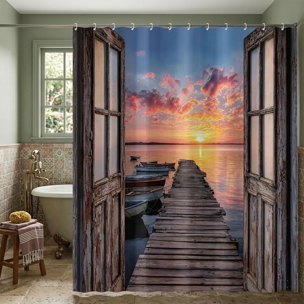 Coastal Beach Barn Door Shower Curtain, Nautical Ocean Seashore Sunset Decorative Waterproof Fabric Shower Curtain for Bathroom, Seaside Sunrise Pier Seascape Rustic Bath Curtain Set with Hooks72x72in