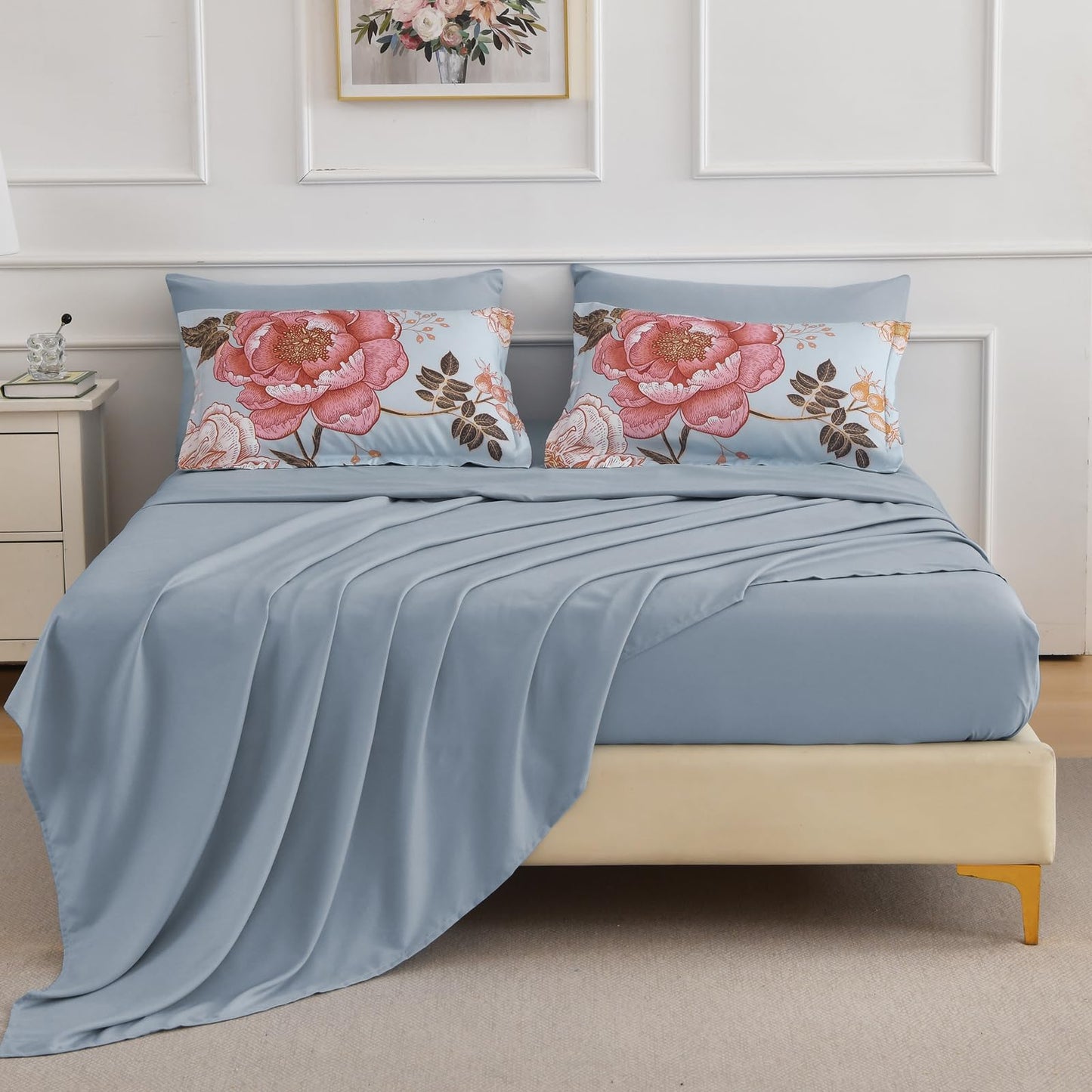 Luxudecor Blue Pink Floral Queen Comforter Set 7 Pieces Bed in a Bag,Pink Flower Print on Blue Bedding Set,Soft Reversible Comforter with Sheets 90"x90"