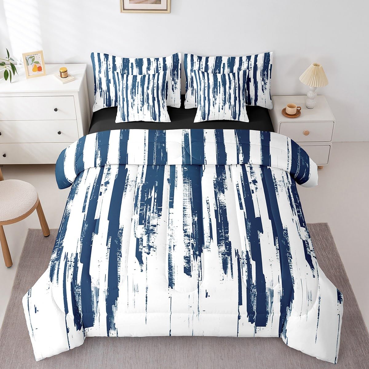 Erosebridal 7Pcs Navy Blue King Comforter Set,Geometric Stripes Striped Abstract Bed in A Bag for Women Men Adults Teens,Modern Art Aesthetic Watercolor Graffiti Ink Painting Bedding with Bed Sheets