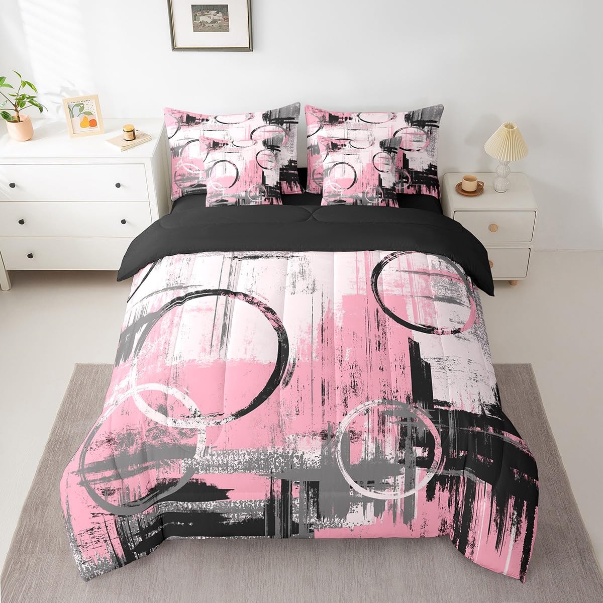 Feelyou Geometric 7 Piece Bedding Set Full Size for Kids Boys Girls Teens Toddler Modern Abstract Art Comforter Set with Sheets Black Pink Bed in a Bag Tie Dye Bed Set