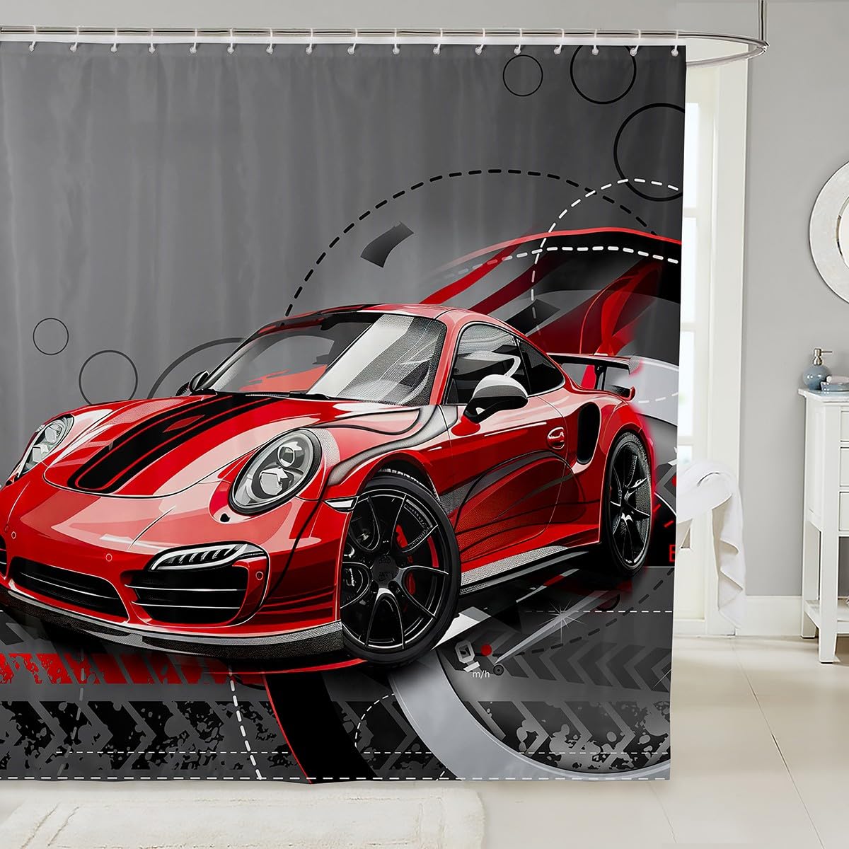 Red Race Car Fabric Bathroom Shower Curtain Sports Car Waterproof Shower Curtains Kids Boys Extreme Sport Gorgeous Shower Curtain Accessories with Hooks Speed Automobile Decor Curtains,72x72 Inches