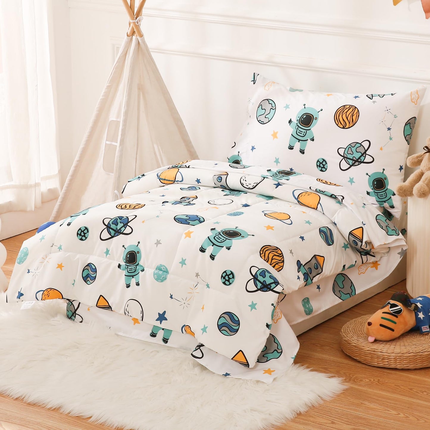 JSD Blue Astronaut Toddler Bedding Set, 4 Piece Space Theme Rocket Bed-in-a-Bag Toddler Comforter Sheet Set, Machine Washable