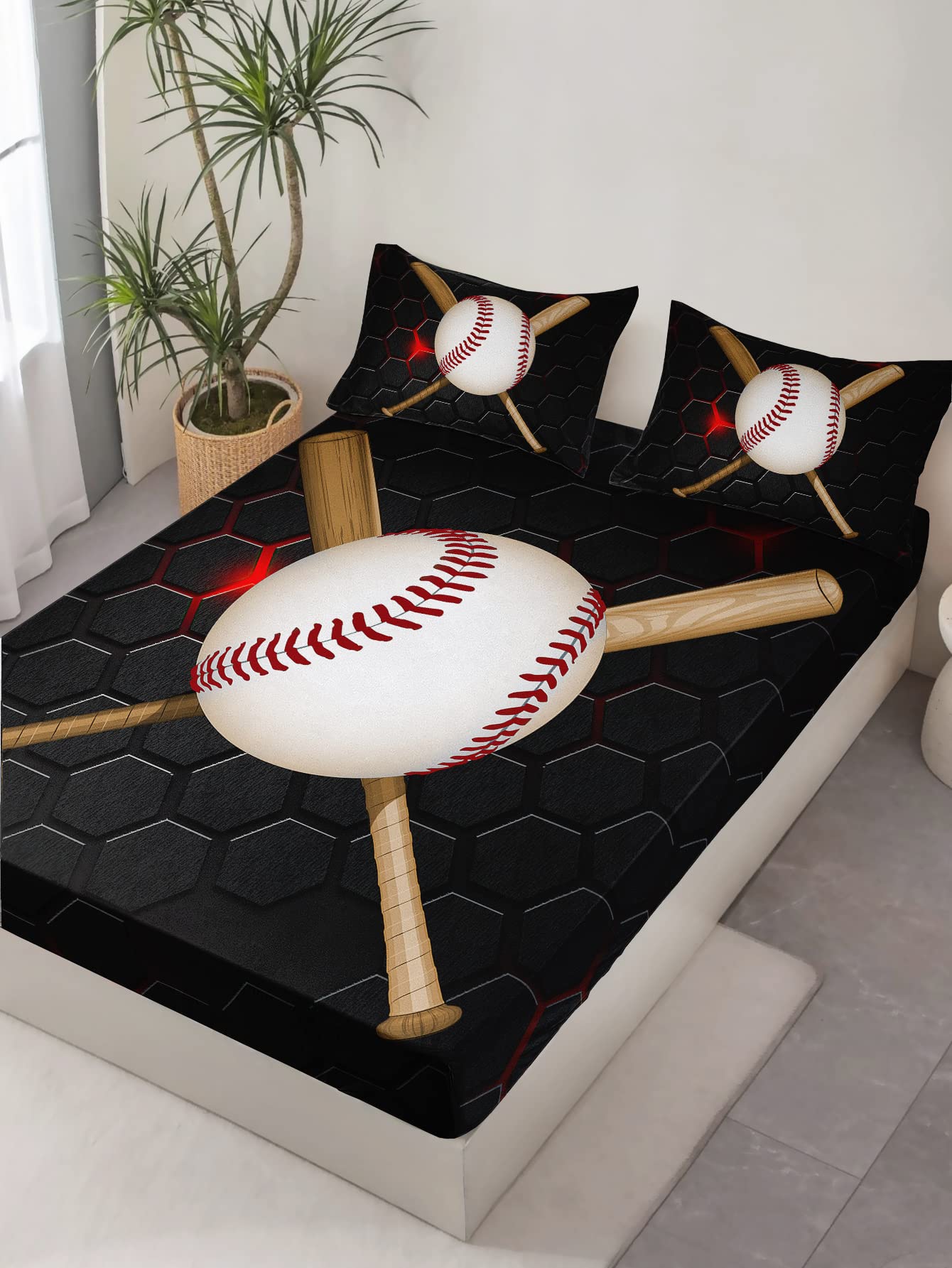 HOSIMA Baseball Fitted Sheet Set for Boys Teens Beddroom Decor,Boys Sports Cool Baseball Pattern Bedding Set,Fitted Sheet Set Full Size with 2Pillowcases.