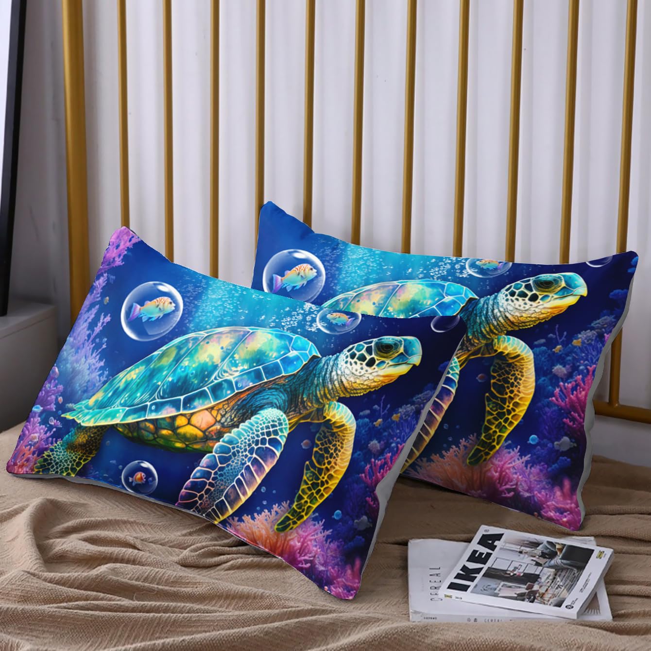 HOSIMA Sea Animal Bedding Set Turtle Fitted Sheet,Ocean Beach Theme Bedding Clownfish Coral Bed in A Bag Full Size for Adults Kids Coastal Granddaughter Bedding Full Sheets Deep Pocket.