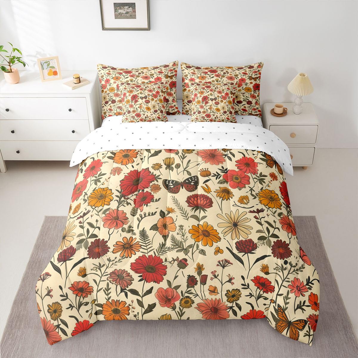 Erosebridal Daisy 7 Piece Bedding Set Queen Butterfly Comforter Set with Sheets Lily of The Valley Floral Theme Bed in a Bag Cute Hand Drawn Flower Butterfly for Kids Boys Girls