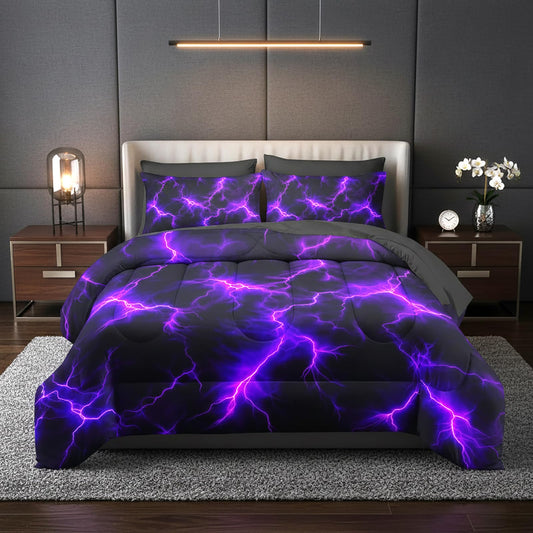 QOOMO Purple Lightning 7 Pieces Comforter Set Queen Size,Neon Lightning Bedding Set for Kids-Include 1 Comforter,1 Fitted Sheet,1 Flat Sheet,2 Printing Pillowcases and 2 Black Pillowcases