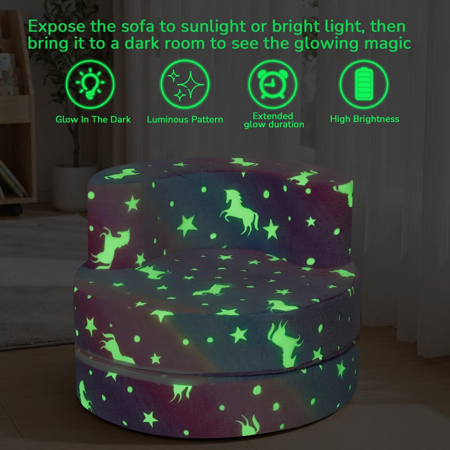MeMoreCool Unicorn Kids Couch, Flip-Open Kids Chair, Glow Print, Rainbow