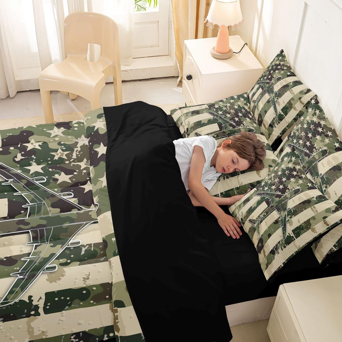 Erosebridal 7 Pcs Camo American Flag Comforter Set Twin Camouflage Military Aircraft Bedding Set for Boys Kids Teens Men Army Green Airplane Bed in A Bag with Sheets Vintage Patriotic Plane Bed Sets