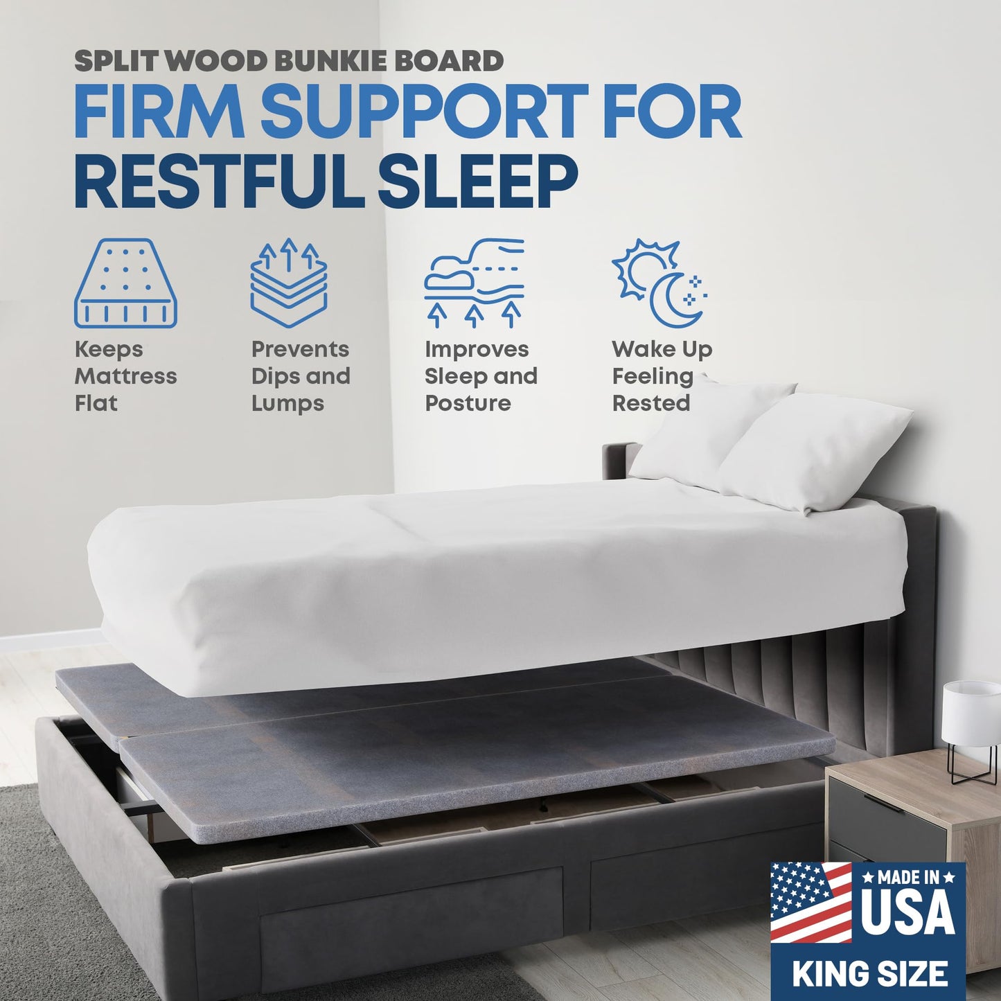 Mattress Comfort, 1.5" Split Wood Bunkie Board King Size Bed, Under Mattress Support, Fully Assembled, Fabric Ventilation Cover-Replaces Wooden Slats or Box Spring for Bed Frames