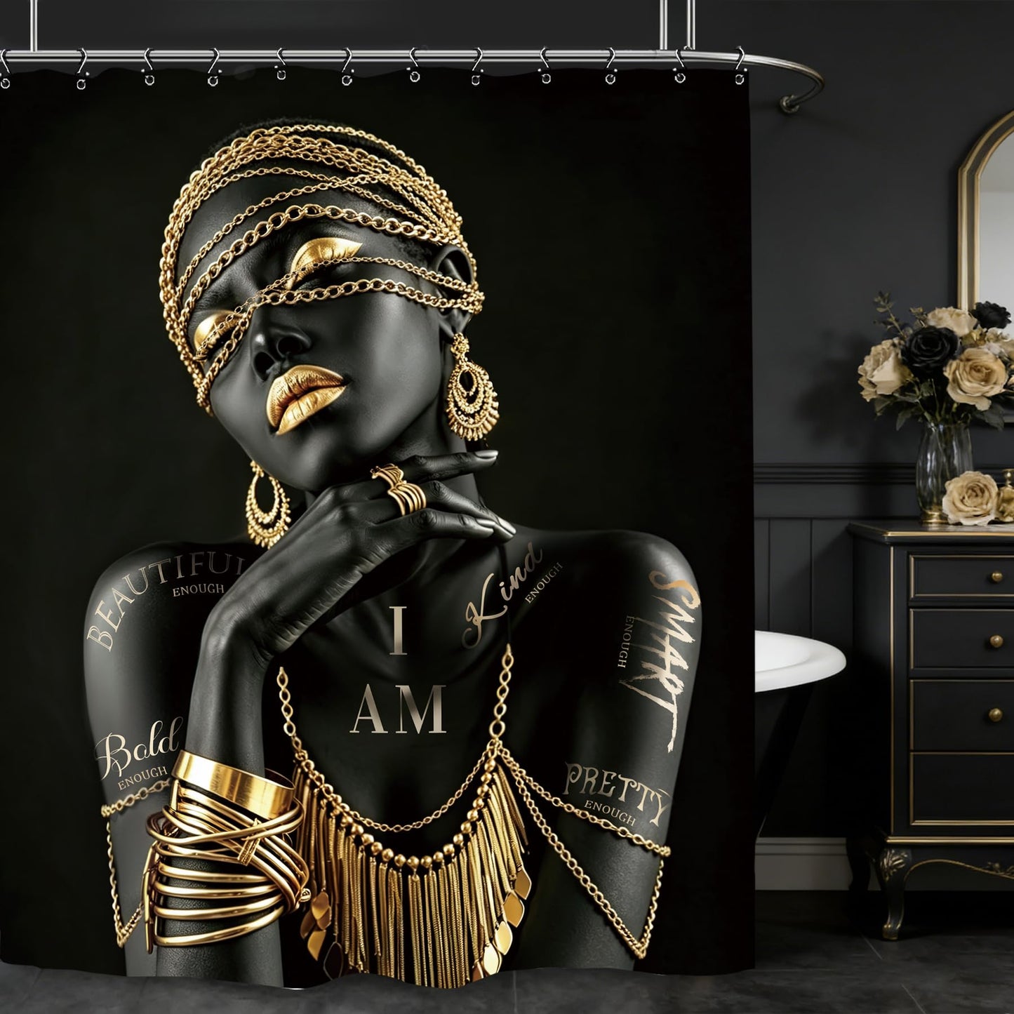 Yookeb African American Flower Bathroom Shower Curtain 60W by 71H Inch Black Gold Girl Woman Sexy Quotes Inspirational Motivational Positive Polyester Fabric 12 Hooks Waterproof Decor